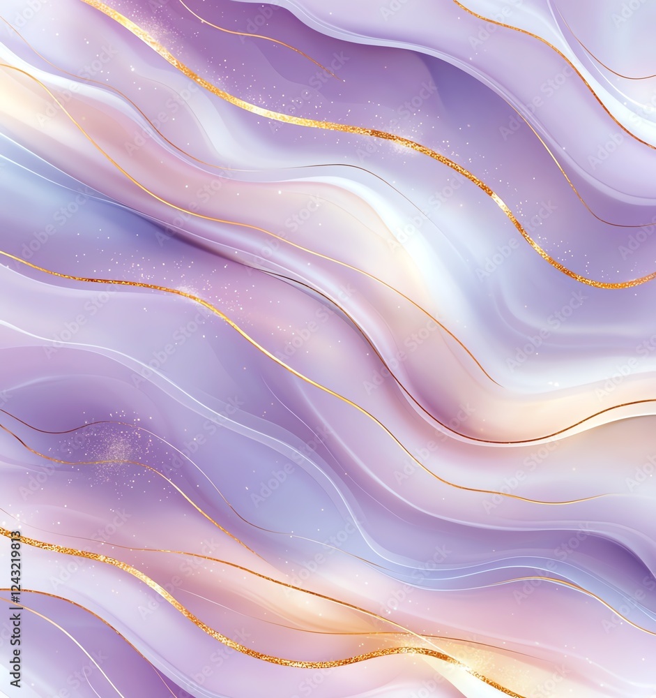 Poster an elegant abstract design featuring smooth flowing waves in soft shades of lavender and cream, acce