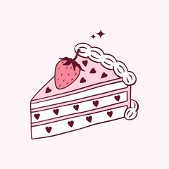 Vintage Coquette piece of cake  illustration. Hand drawn pink retro slice Cake with strawberry