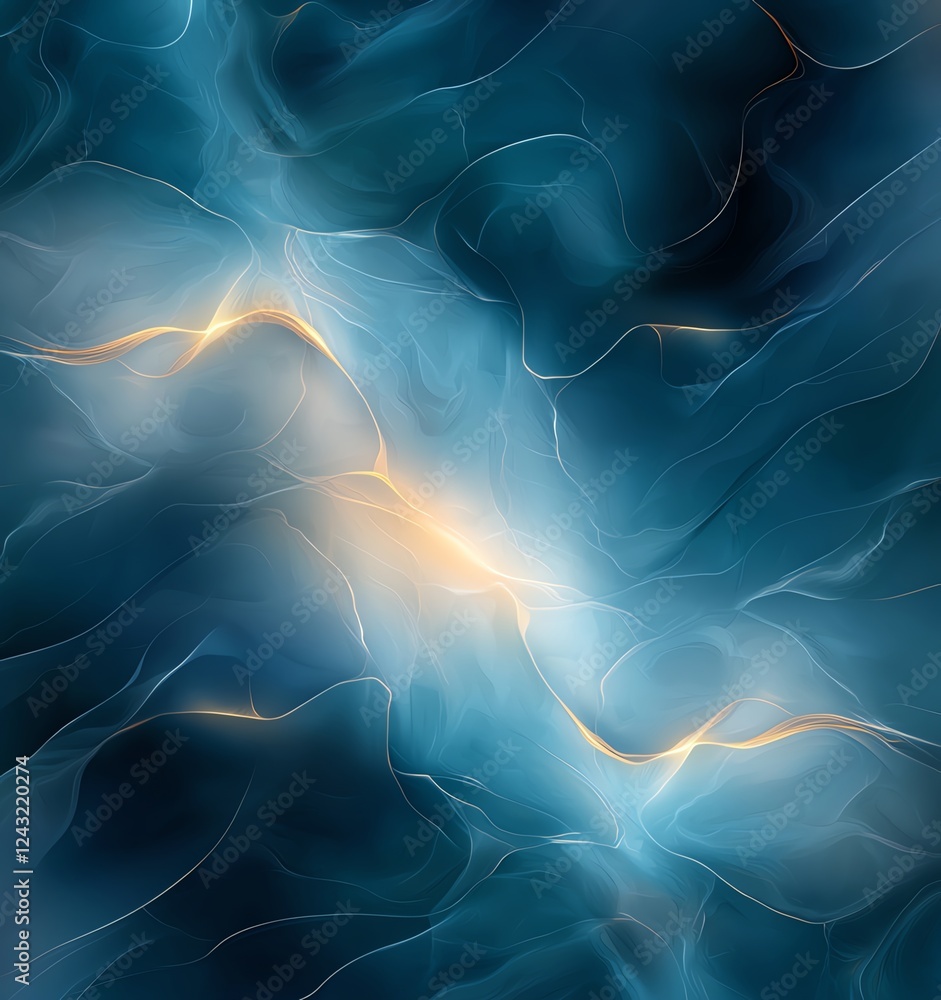 Poster beautiful abstract background with soft flowing waves in blue and golden tones, ideal for creating c