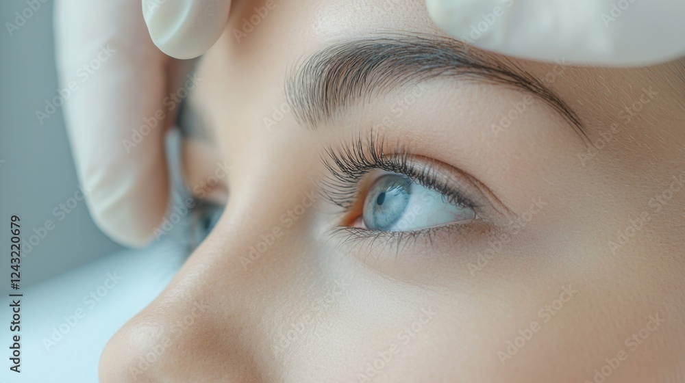 Poster a detailed and professional close-up of an eyebrow threading procedure
