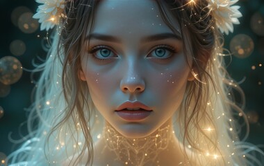 A digital artwork of a girl with glowing features in a dreamlike environment