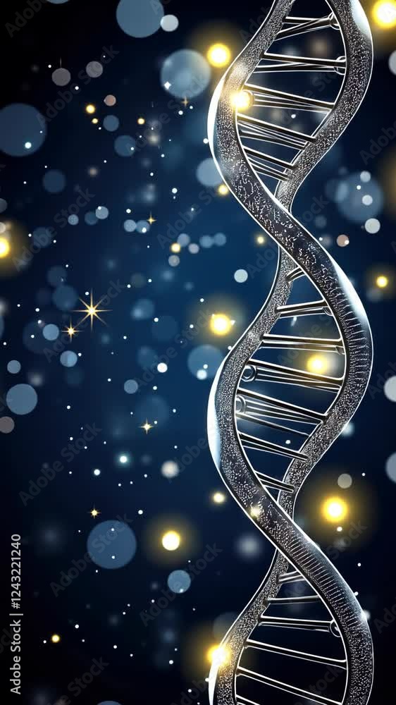 Poster discover the intricate design of dna highlighted by glowing lights and shimmering particles in a dee