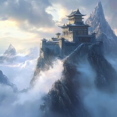 Fototapeta premium mountaintop temple above the clouds, with magical energy flowing through the air