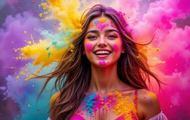 Obraz premium A young woman surrounded by vibrant Holi powder clouds with a joyful expression and radiant skin