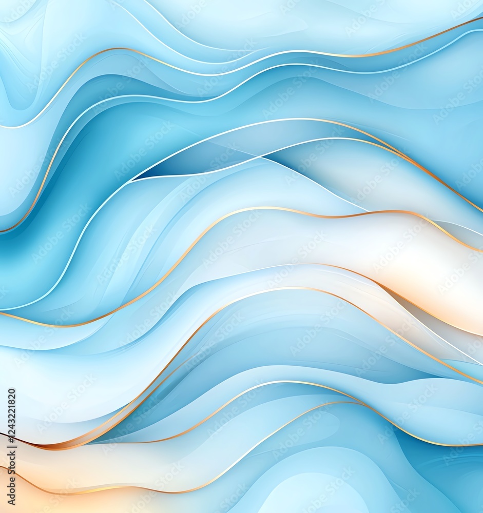 Poster abstract background features smooth, flowing waves in soft blue and white hues, creating a calming a