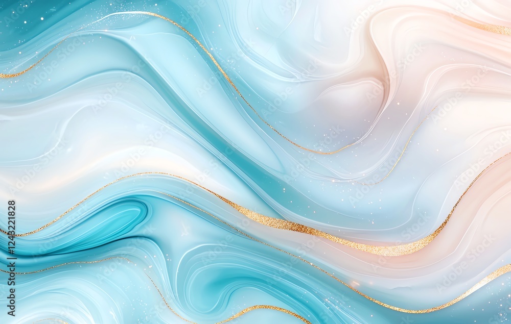 Poster abstract background features soft, flowing waves of blue and peach colors, creating a serene and tra