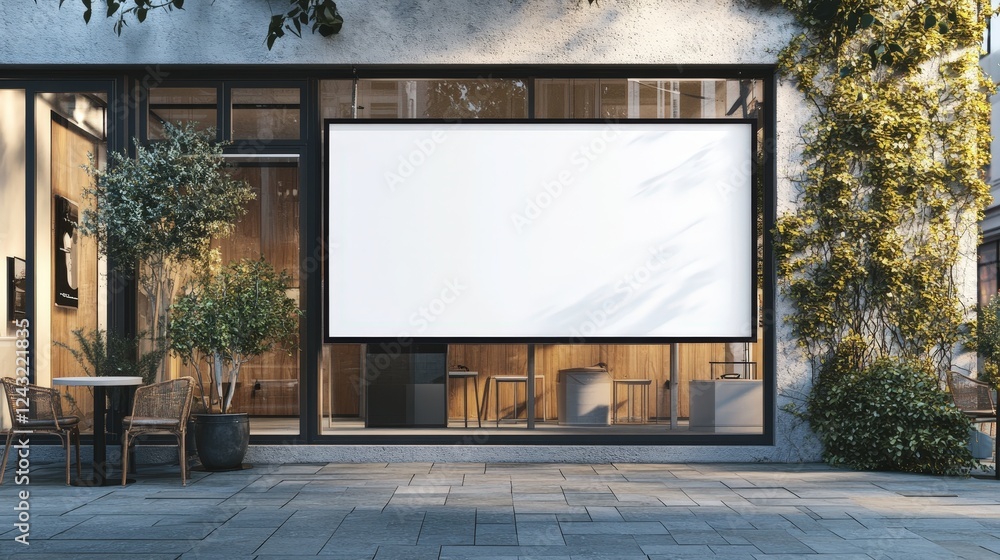 Poster mockup of a storefront with blank signage outside, showing modern architecture and decorated facade 