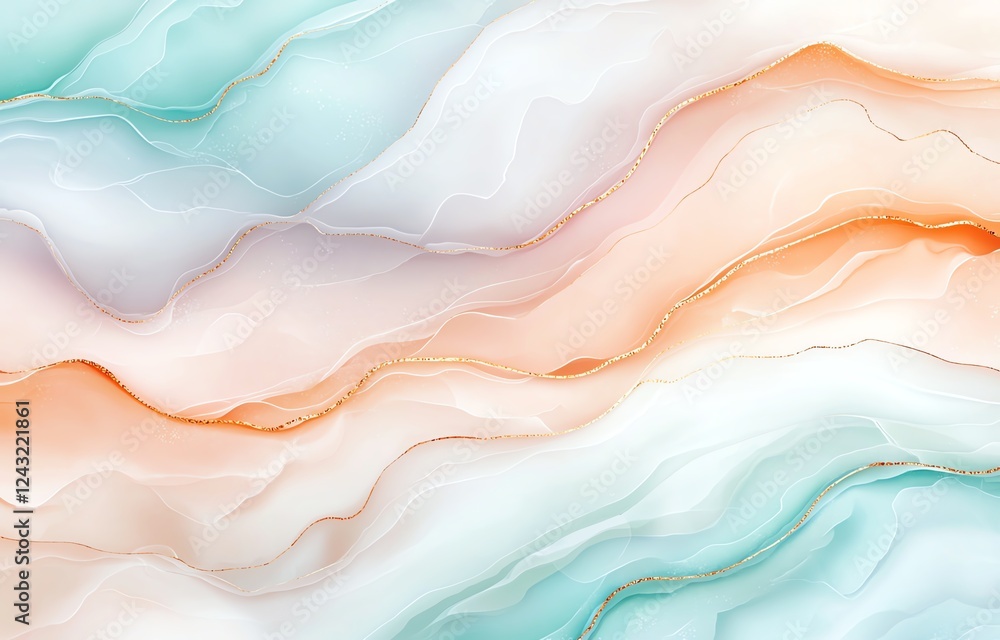 Poster abstract background features soft flowing waves in pastel shades of blue, orange, and white, creatin