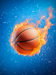 Fiery Basketball in Action – Blazing Ball Flying Through the Air with Flames and Sparks on a Blue Background