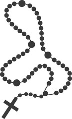 Rosary beads with cross. Catholic prayer necklace. Christian chain with crucifix silhouette. Religious jewelry for meditation.