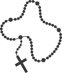 Rosary beads with cross. Catholic prayer necklace. Christian chain with crucifix silhouette. Religious jewelry for meditation.