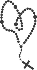 Rosary beads with cross. Catholic prayer necklace. Christian chain with crucifix silhouette. Religious jewelry for meditation.