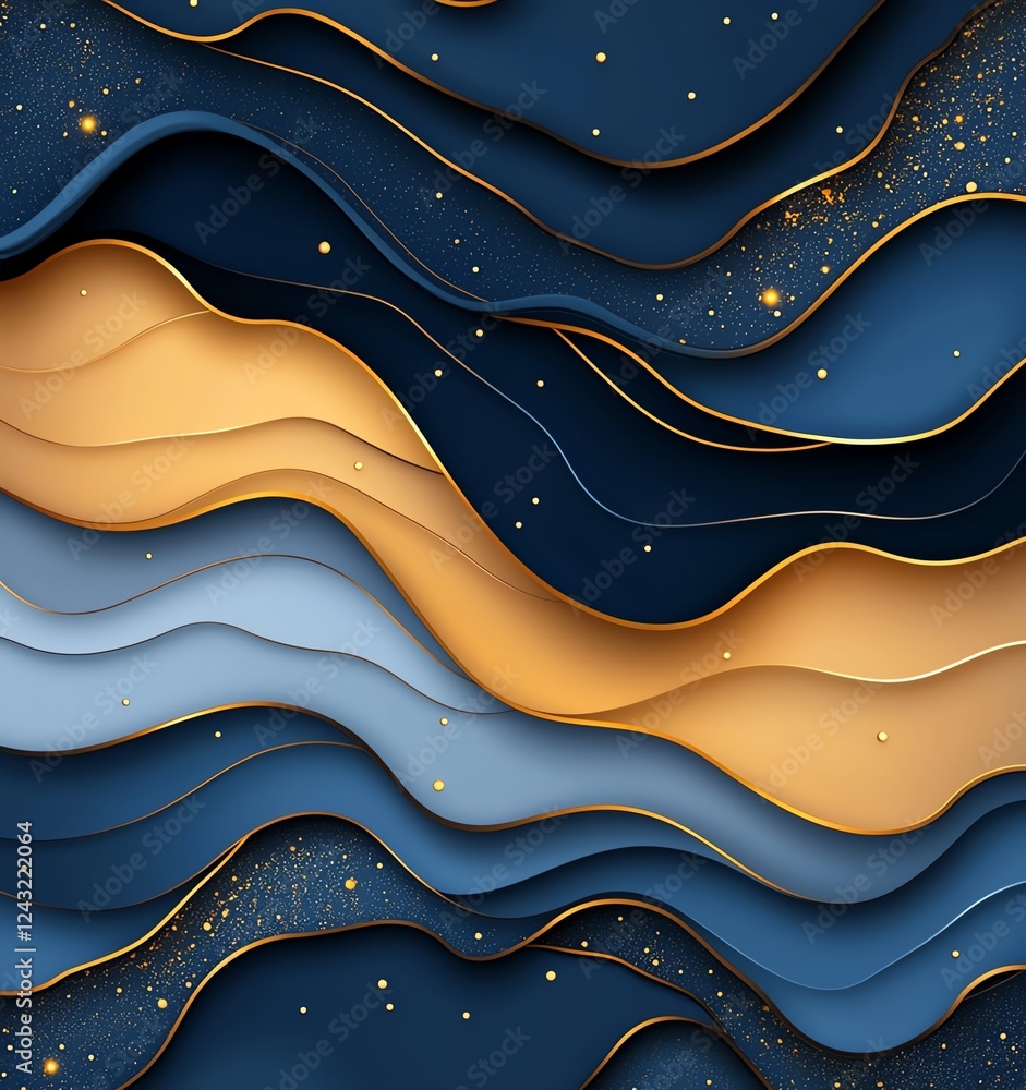 Poster this abstract design features wavy layers in blue, gold, and white, creating a dynamic and modern vi