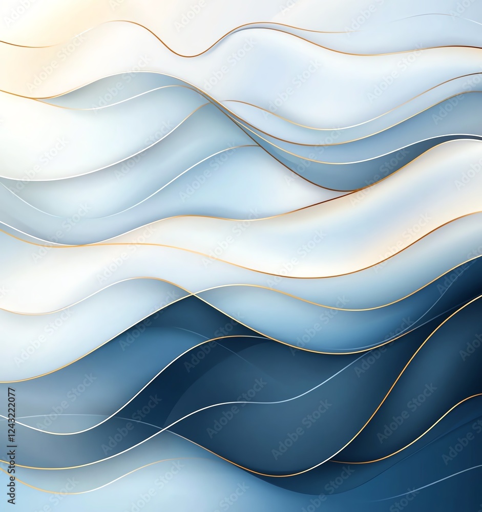 Poster this abstract design features smooth, flowing waves in various shades of blue and white, creating a 