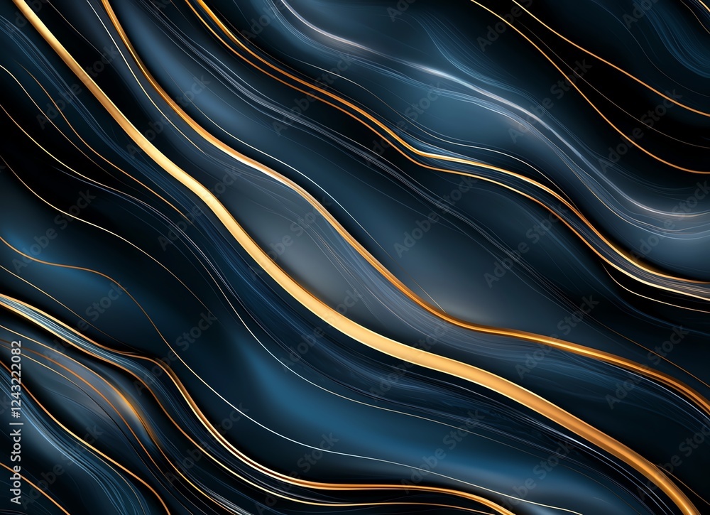Poster this abstract image features flowing lines of dark blue and shimmering gold, creating a luxurious an