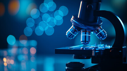 modern microscope in lab, illuminated by blue light, showcases intricate details and advanced technology, creating captivating scientific atmosphere
