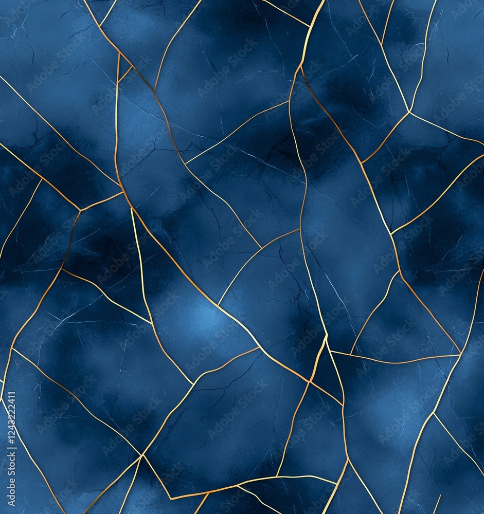 Poster blue and gold background with intricate golden veins crisscrossing, creating a luxurious and elegant