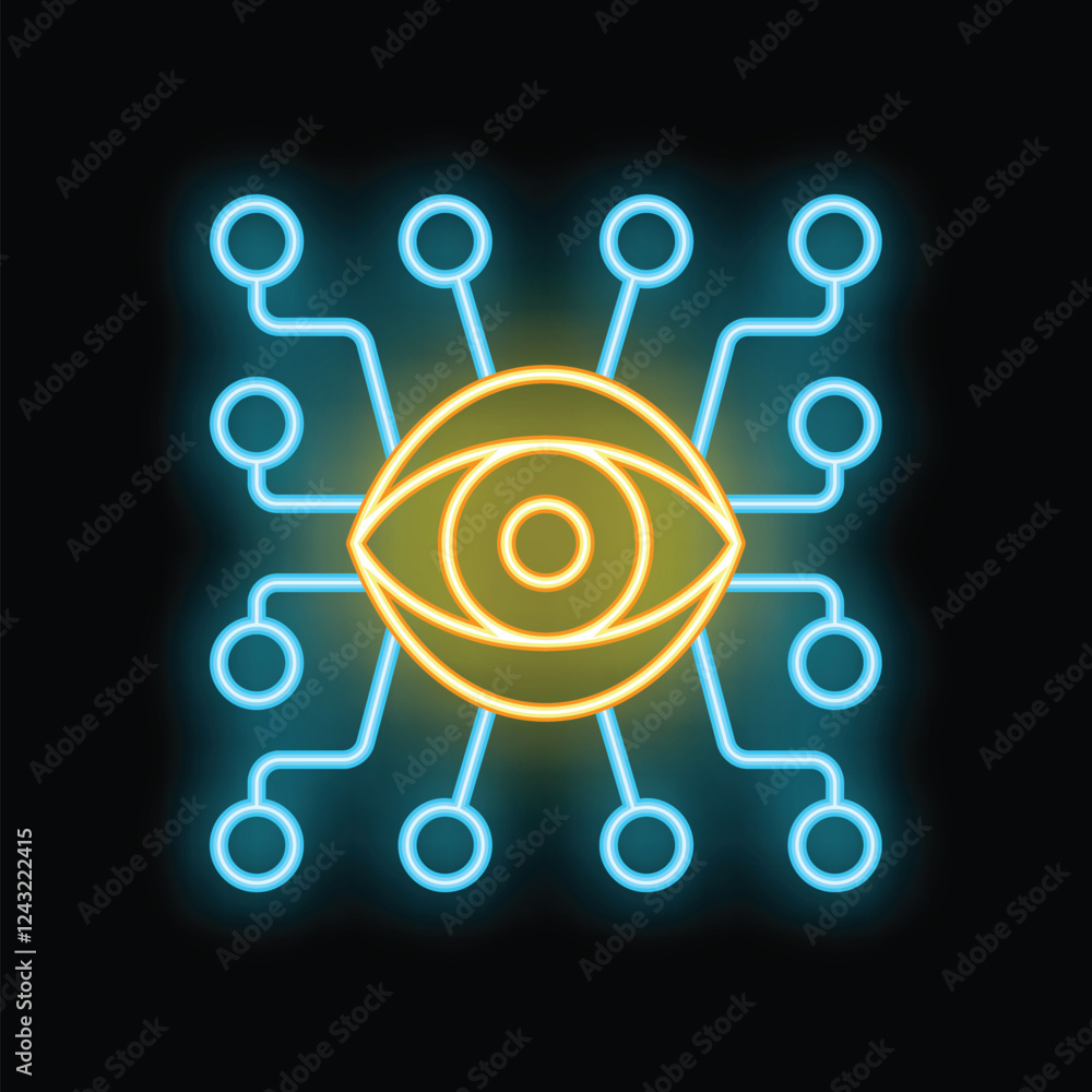 Poster neon sign of an eye connected with lines and dots representing the concept of machine learning