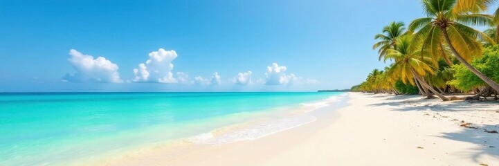 Fototapeta premium Vast empty sandy beach, turquoise summer sea Perfect for relaxing , landscape, horizon, nature