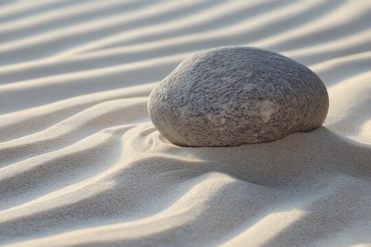 A Zen rock garden, with smooth sand patterns and a single smooth stone in the center.