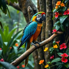 Obraz premium A striking parrot displaying its brilliant plumage surrounded by tropical blooms.