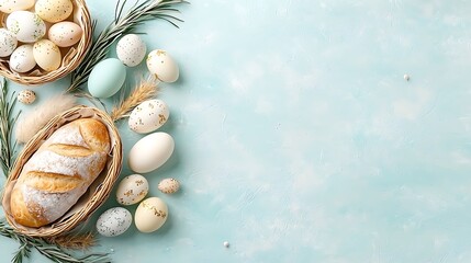 Obraz premium Easter day celebration with pastel tone eggs and bread festive table setting serene environment