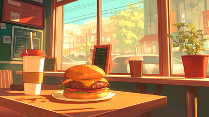 ボリューム満点のハンバーガー｜食事・ファンタジー・温かい光