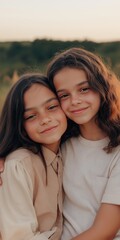 Fototapeta premium Two young girls are hugging each other in a field. They are smiling and seem to be enjoying each other's company