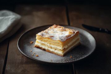 Minimalist food photography of a mille-feuille on a dark wooden table with natural light highlighting its creamy and flaky layers.