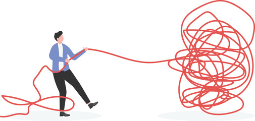 Business concept vector illustration of a businessman trying to unravel tangled rope or cable

