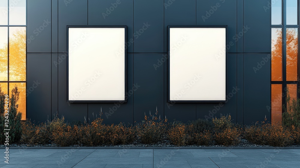 Poster blank black frame signboard mockup on modern building with two empty panels ready for customization 