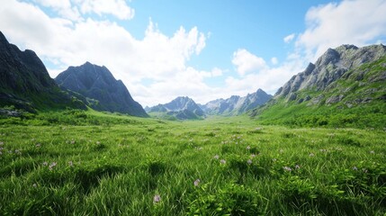 Fototapeta premium Green Meadow Valley Surrounded by Mountains Under a Sunny Sky