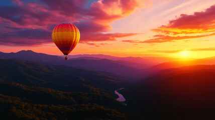Fototapeta premium Colorful hot air balloon floating over mountains at sunset, creating serene and picturesque landscape. vibrant colors contrast beautifully with soft hues of sky