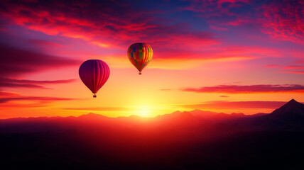 Fototapeta premium Colorful hot air balloons floating over mountains at sunset, creating serene and picturesque scene. vibrant colors of sky enhance beauty of moment