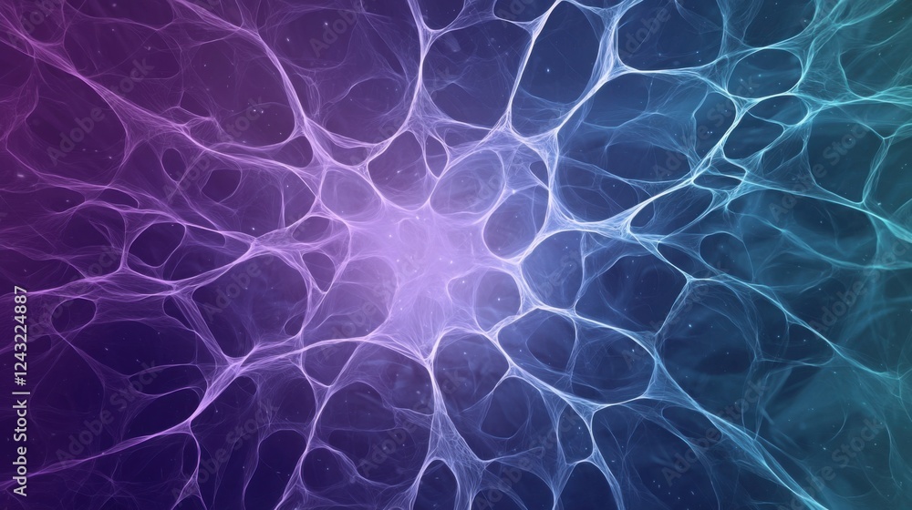 Poster a high-tech digital visualization of a neural network with interconnected glowing nodes and data str