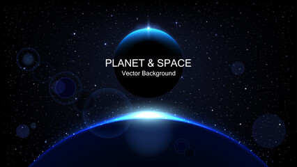 Stunning Solar Eclipse. Glowing Planet Eclipse, Universe, Space and Solar Light Glare. Abstract Sun Ring with Golden Glow and Earth Horizon Lights - Realistic Sunrise Vector Illustration © Jer