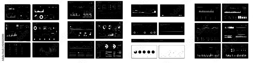 Poster collection of abstract data visualizations with various graphs and charts showcasing trends and patt