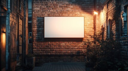 Blank Signboard Hanging on Brick Wall in Cozy Alleyway Illuminated by Warm Light Creating a Serene Atmosphere