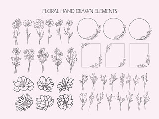Set of botanical branches, flower, twigs, grasses and borders. Beautiful  line art  bouquets, frames, leaves set. Hand drawn botanical vector set. Trendy floral wildflowers and decoration set.