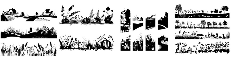 Detailed black paper cuts of rural landscapes showcasing nature and home life in various patterns and styles