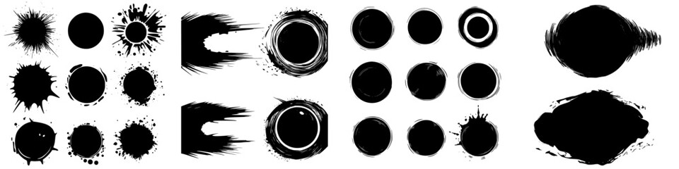 Creative black ink splatters and circles arranged artistically on a white background showcasing the texture and flow of ink