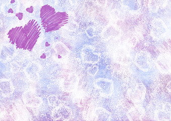 The texture of shuffled purple ice with hearts. Background, frame, texture for the design, blue ice floe. Background in watercolor grunge style with a heart.