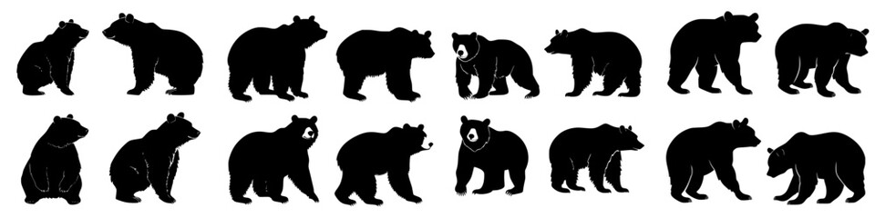 Different poses and stances of bears depicted in silhouette against a neutral background during a creative design session