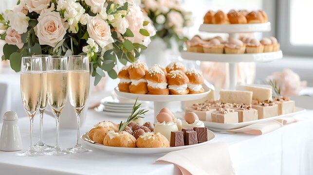 Easter day celebration with pastel tone easter eggs and delicacies at a festive brunch setting