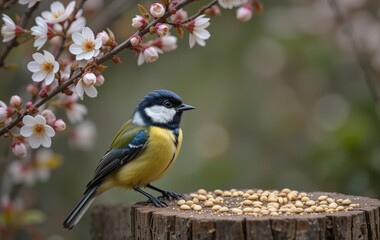Fototapeta premium A Great tit sitting on a branch with blossoming flowers and a bird feeder in the background