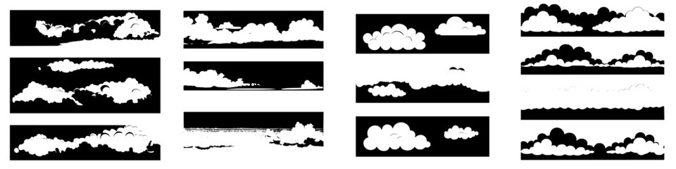 Various cloud shapes displayed against a black background for creative design and art projects