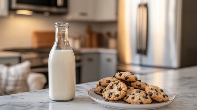 Cozy kitchen scene with chocolate chip cookies and milk on marble countertop - Powered by Adobe