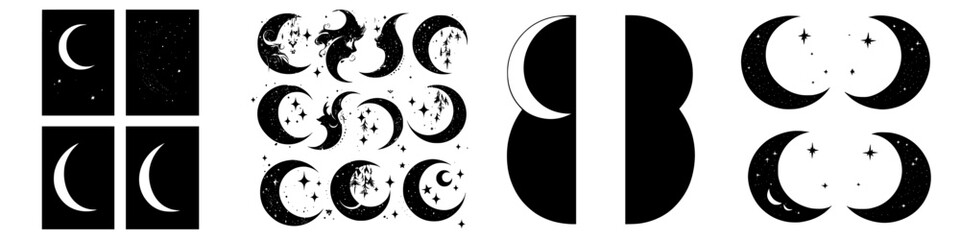Fototapeta premium Various designs showcasing crescent moon shapes with star patterns on a dark background