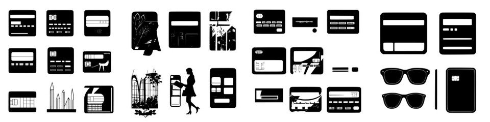Creative black and white collage featuring various credit and debit card designs and silhouettes in an urban setting