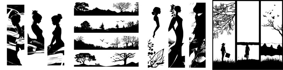 Elegant silhouettes showcase diverse natural scenes and human forms in a creative black and white style